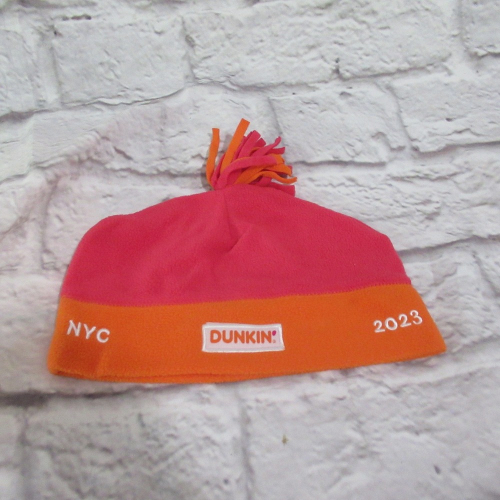 Dunkin Beanie Unisex OS Pink Orange Excellent NYC Marathon 2023 Fleece Pom Hat